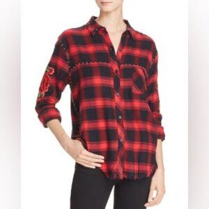 Rails Red and Black Plaid Shirt with studs and rose patch work